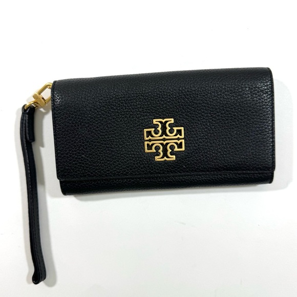 Tory Burch Britten Envelope Wallet Black Pebbled Leather - Picture 1 of 13